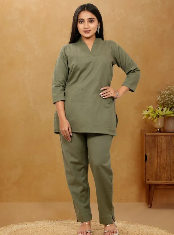 Army_Green_Cotton_3/4th_sleeves_Co-Ord_Set_For_Women