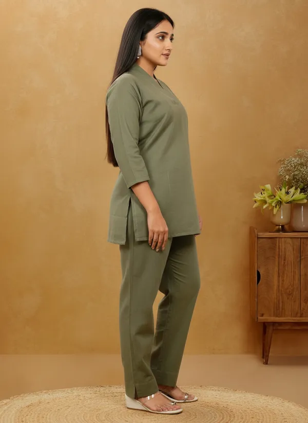 Army_Green_Cotton_3/4th_sleeves_Co-Ord_Set_For_Women