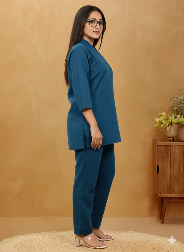 Teal_Blue_Cotton_3/4th_sleeves_Co-Ord_Set_For_Women