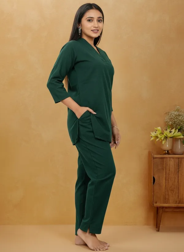 Green_Cotton_3/4th_sleeves_Co-Ord_Set_For_Women