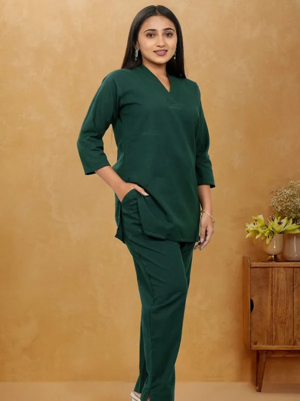 Green_Cotton_3/4th_sleeves_Co-Ord_Set_For_Women