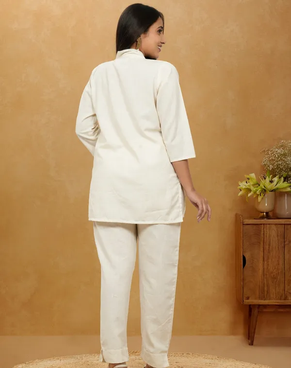 White_Cotton_3/4th_sleeves_Co-Ord_Set_For_Women