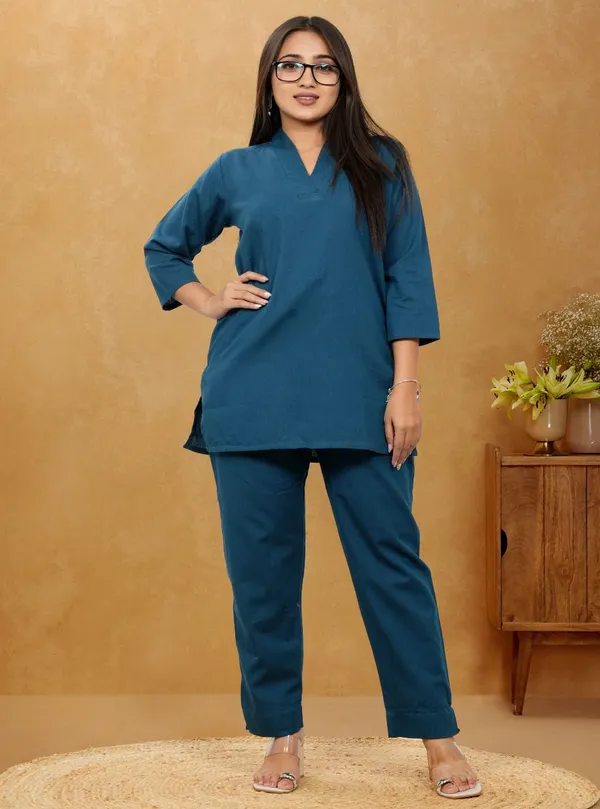 Teal_Blue_Cotton_3/4th_sleeves_Co-Ord_Set_For_Women