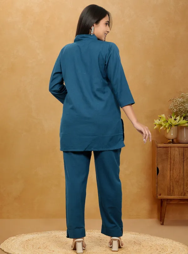 Teal_Blue_Cotton_3/4th_sleeves_Co-Ord_Set_For_Women