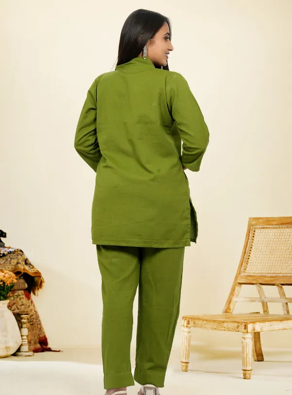 Olive_Green_Cotton_3/4th_sleeves_Co-Ord_Set_For_Women