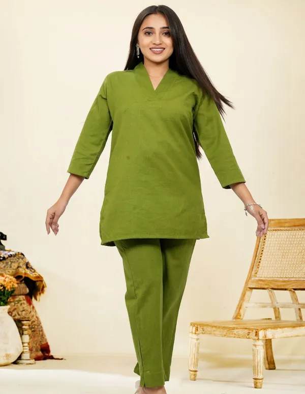 Olive_Green_Cotton_3/4th_sleeves_Co-Ord_Set_For_Women
