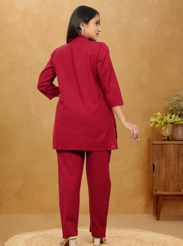 Deep_Red_Cotton_3/4th_sleeves_Co-Ord_Set_For_Women