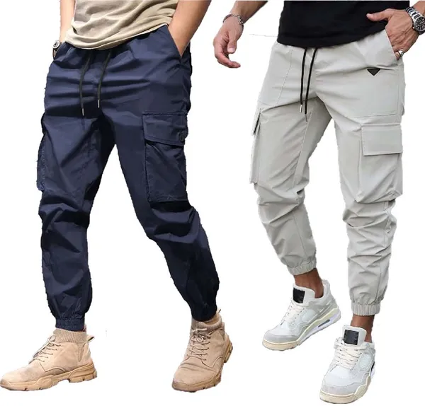 Blue_And_Light_Grey_Twill_Lycra_Cargo_Track_Pants_For_Unisex_(Combo_Pack)