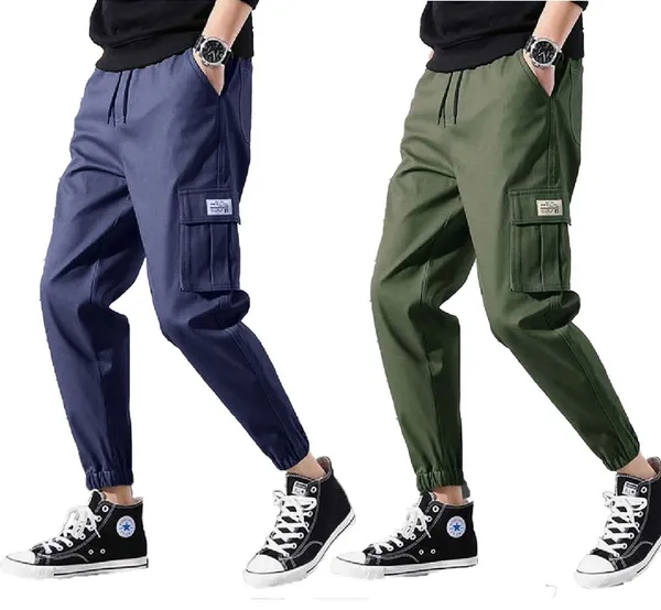 Blue_And_Green_Twill_Lycra_Cargo_Track_Pants_For_Unisex_(Combo_Pack)