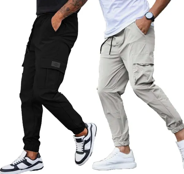 Black_And_Light_Grey_Twill_Lycra_Cargo_Track_Pants_For_Unisex_(Combo_Pack)