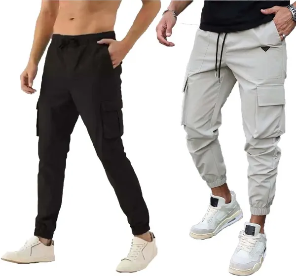 Black_And_Light_Grey_Twill_Lycra_Cargo_Track_Pants_For_Unisex_(Combo_Pack)
