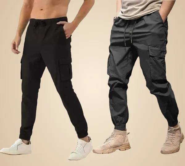 Black_And_Dark_Grey_Twill_Lycra_Cargo_Track_Pants_For_Unisex_(Combo_Pack)