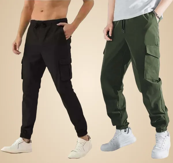 Black_And_Green_Twill_Lycra_Cargo_Track_Pants_For_Unisex_(Combo_Pack)