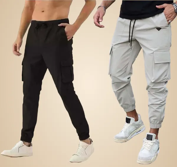 Black_And_Light_Grey_Twill_Lycra_Cargo_Track_Pants_For_Unisex_(Combo_Pack)