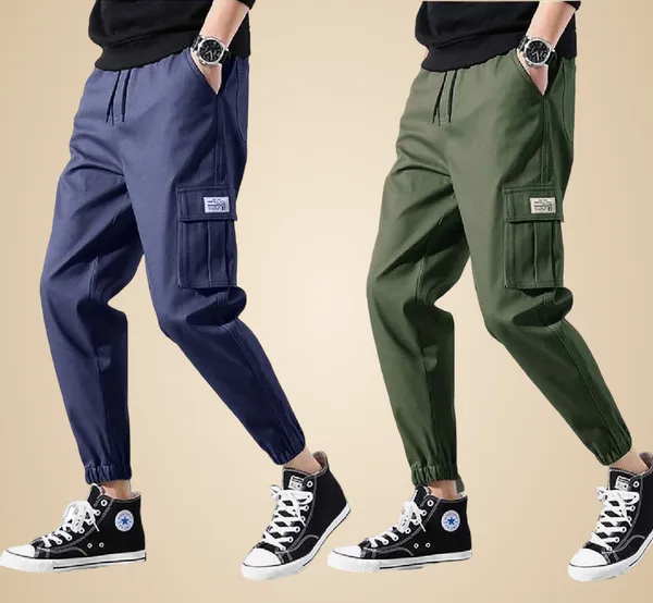 Blue_And_Green_Twill_Lycra_Cargo_Track_Pants_For_Unisex_(Combo_Pack)