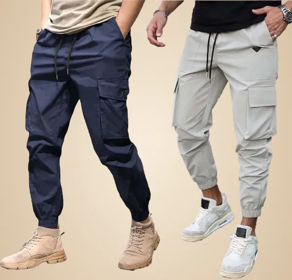 Blue_And_Light_Grey_Twill_Lycra_Cargo_Track_Pants_For_Unisex_(Combo_Pack)