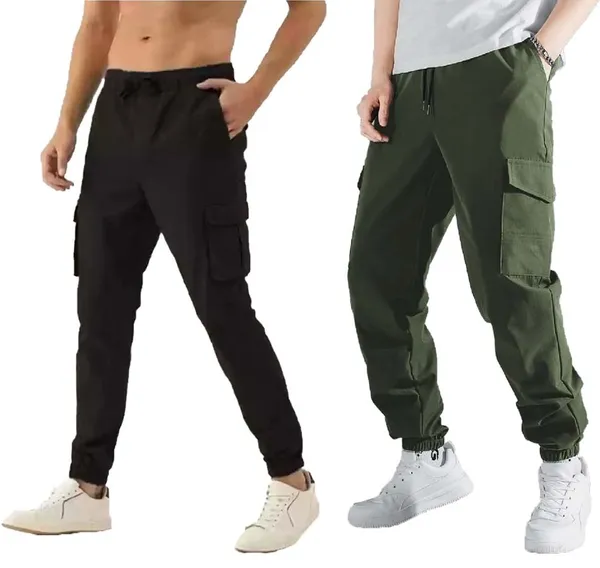 Black_And_Green_Twill_Lycra_Cargo_Track_Pants_For_Unisex_(Combo_Pack)