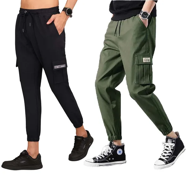 Black_And_Green_Twill_Lycra_Cargo_Track_Pants_For_Unisex_(Combo_Pack)