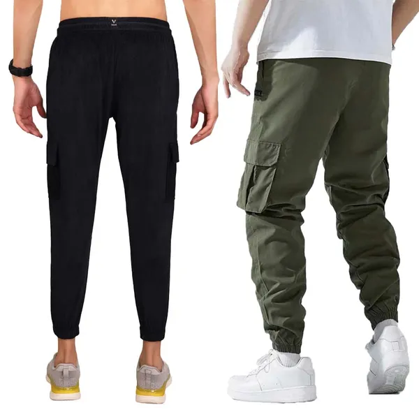 Black_And_Green_Twill_Lycra_Cargo_Track_Pants_For_Unisex_(Combo_Pack)