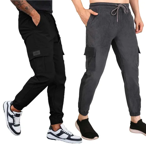Black_And_Dark_Grey_Twill_Lycra_Cargo_Track_Pants_For_Unisex_(Combo_Pack)