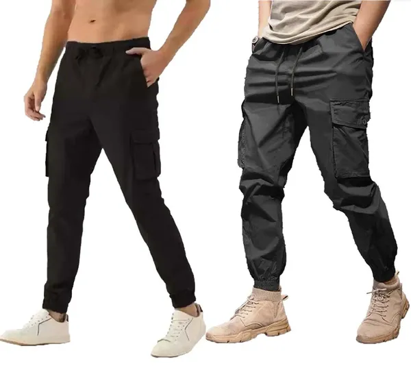Black_And_Dark_Grey_Twill_Lycra_Cargo_Track_Pants_For_Unisex_(Combo_Pack)
