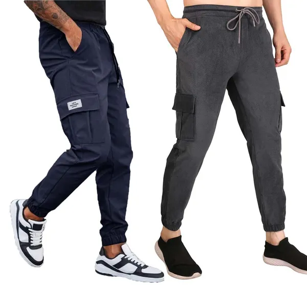 Blue_And_Dark_Grey_Twill_Lycra_Cargo_Track_Pants_For_Unisex_(Combo_Pack)