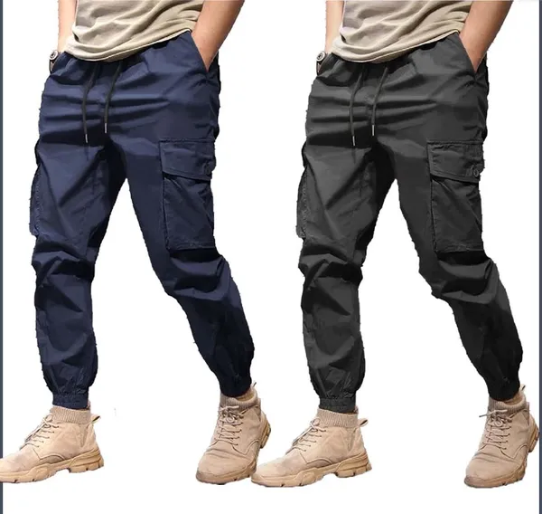 Blue_And_Dark_Grey_Twill_Lycra_Cargo_Track_Pants_For_Unisex_(Combo_Pack)