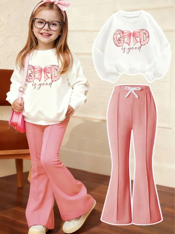 Multicolor_2Pcs_Set_Good_Print_Graphic_Sweatshirt_And_Flares_Pants_Set