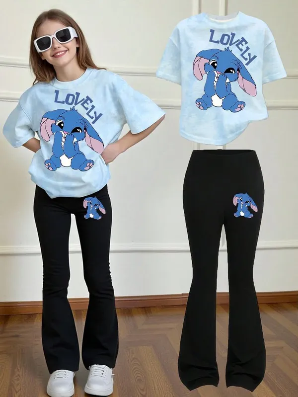 Light_Blue_And_Black_Loose_Fit_Short_Sleeve_T_Shirt_And_High_Waisted_Flare_Leg_Pants