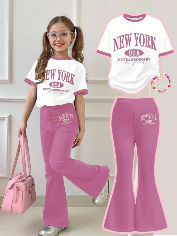 White_&_Pink_Fashion_Printed_T_Shirt_And_Fla_Pants_Set