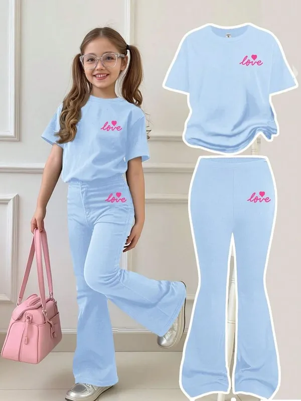 Multicolor_Short_Sleeve_Love_Printed_T_Shirt_And_Fla_Pants_Set
