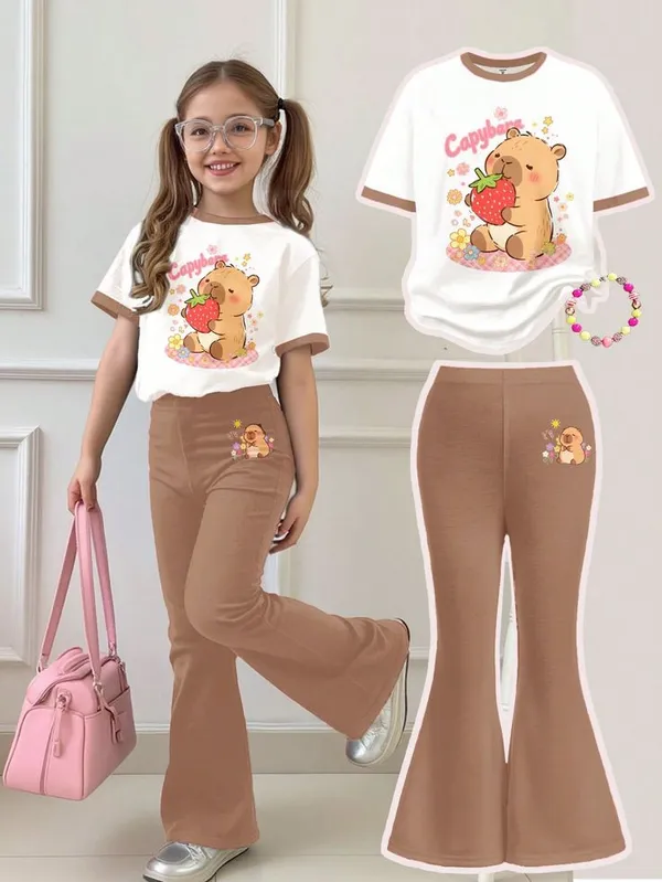 White_&_Brown_Capybara_Print_Two_Piece_Set_T_Shirt_And_Bottom