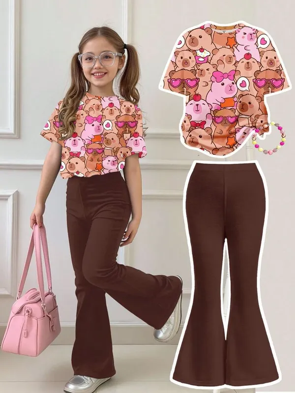Multicolor_Cartoon_Print_Short_Sleeve_T_Shirt_And_Flare_Pants_Set