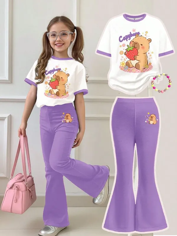 Multicolor_Cherry_Print_Top_And_Fla_Long_Pants_With_Cartoon_Pattern