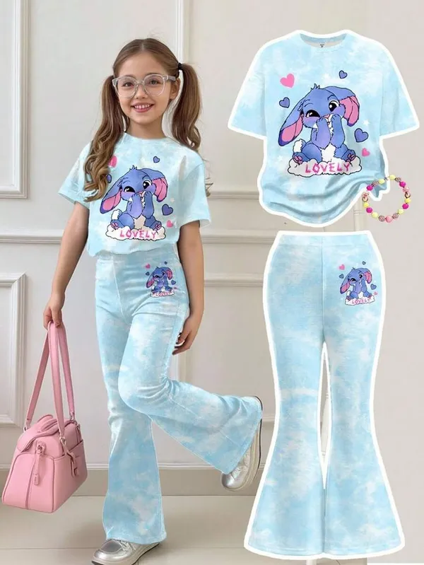 Multicolor_Girl_Letter_A_Print_Short_Sleeve_T_Shirt_And_Flare_Pants_Set