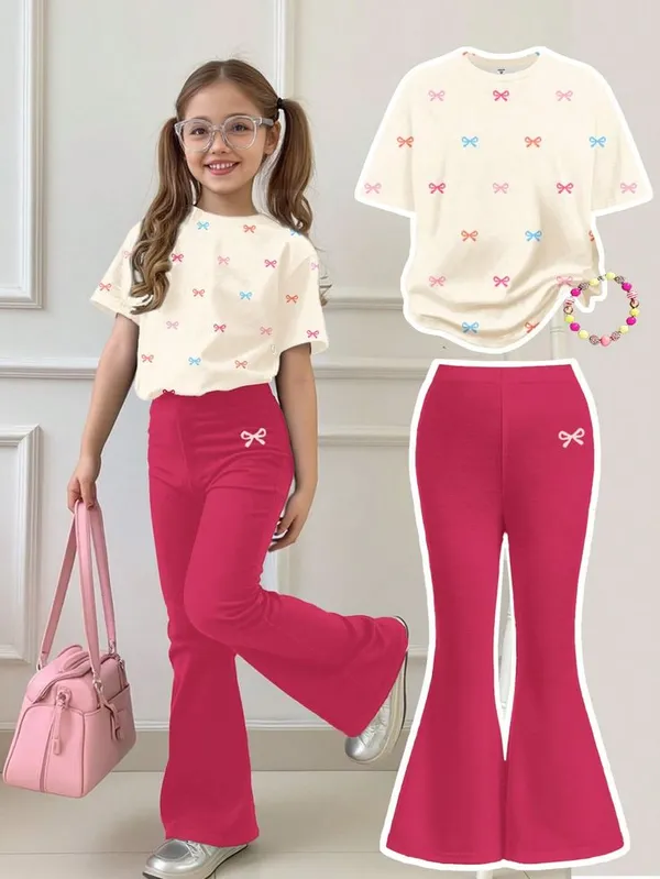 Multicolor_Girls_Multi_Colour_Bow_Short_Sleeve_T_Shirt_And_Pants_Set_Suitable_For_Summer
