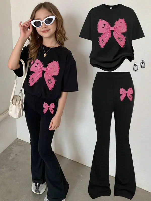 Pink_Girls_Pink_Bow_Short_Sleeve_Sweet_T_Shirt_And_Flare_Pent_Set