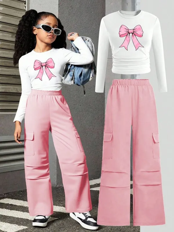 Multicolor_Girls'_Ribbed_Long_Sleeve_Top_And_Cargo_Wide_Leg_Pants_Set