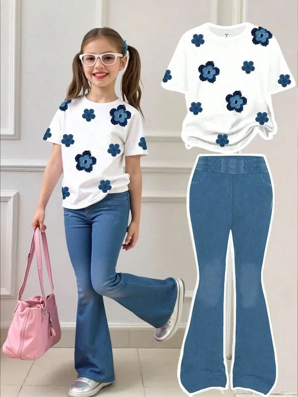 Multicolor_Girls'_Casual_Floral_T_Shirt_And_Flare_Jeans_Set