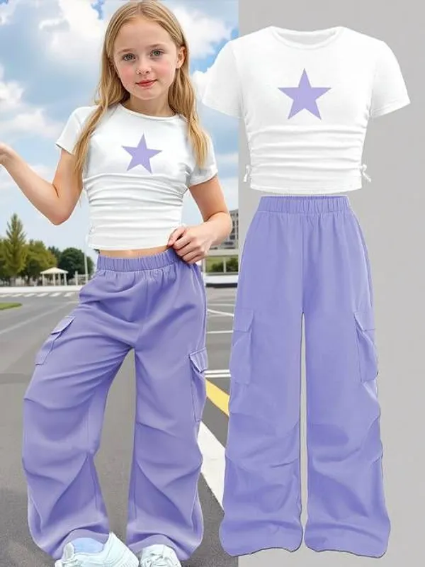 Multicolor_Girls'_Crew_Neck_Short_Sleeve_Top_With_Star_Printed_And_Cargo_Wide_Leg_Pants