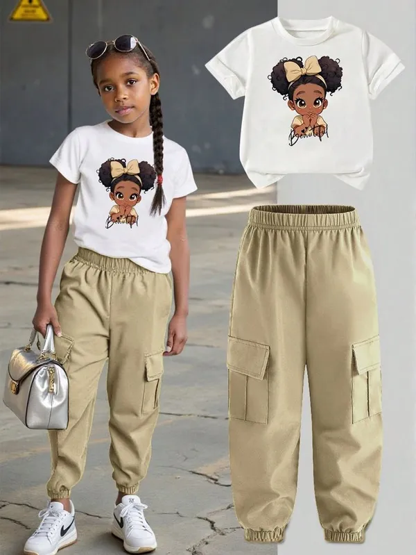 Multicolor_Kids_Baby_Girl_Fashion_2Pcs_Summer_Outfits_T_Shirt_Andjoggers