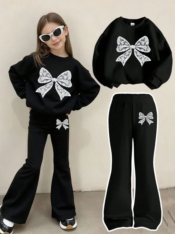 White_&_Black_Long_Sleeve_Sweatshirt_With_Bow_And_Simple_Little_Bow