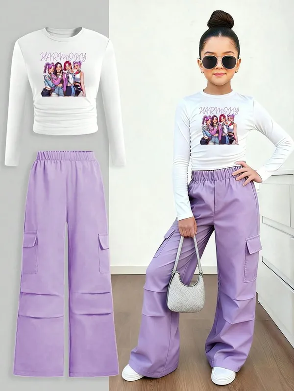 Multicolor_Two_Piece_Outfit_Long_Sleeve_Crop_Top_And_Wide_Leg_Cargo_Pants