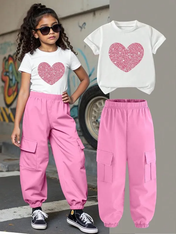 White_&_Pink_Short_Sleeve_T_Shirt_Glittery_Heart_Graphic_And_Joggers_Set