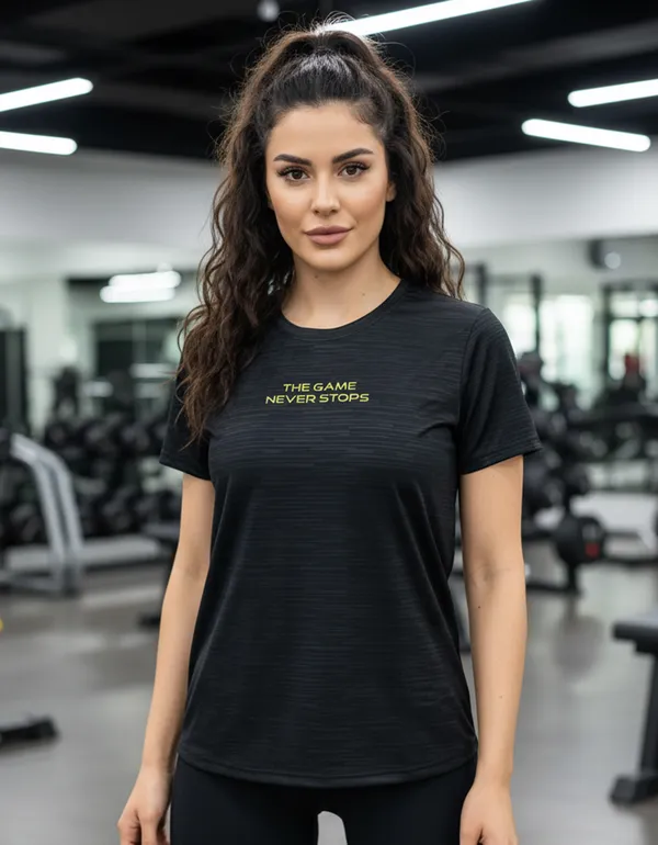 Black_100%_Polyester_Aero_Dry_The_Game_Never_Stops_Activewear_T-Shirt_For_Unisex