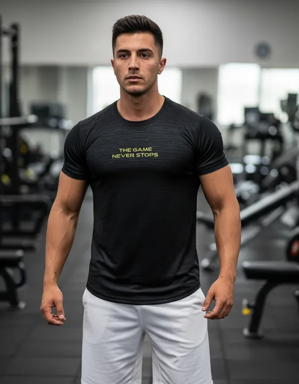 Black_100%_Polyester_Aero_Dry_The_Game_Never_Stops_Activewear_T-Shirt_For_Unisex