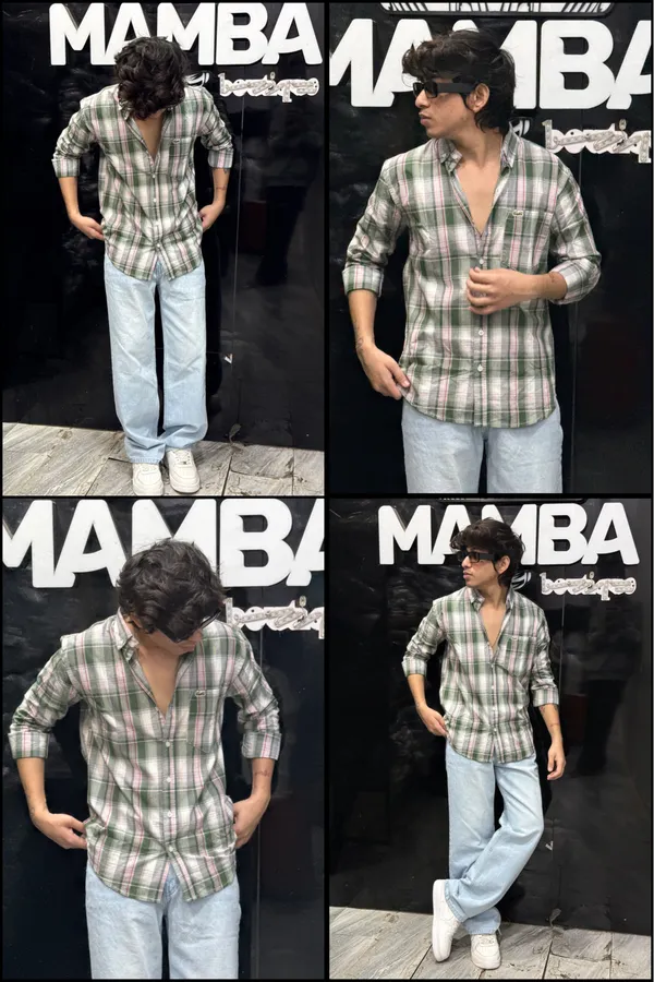 Mamba Men’s Premium Checked Casual Shirt – Olive Green & White - Image 1