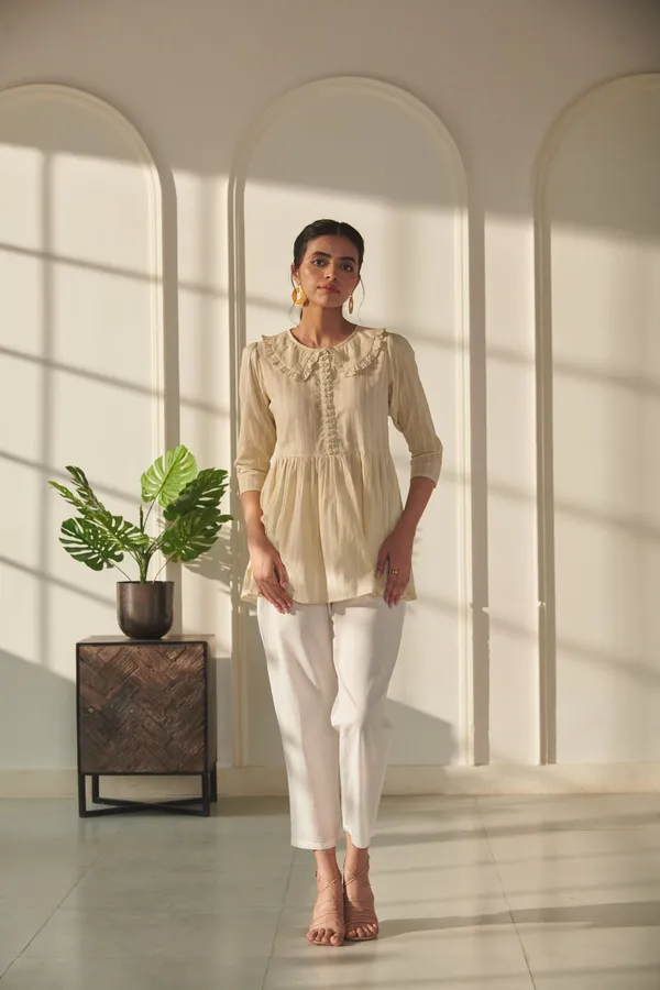 Ekvaa_Beige_Cotton_Dobby_Premium_&_Elegant_Solid_Top_For_Women