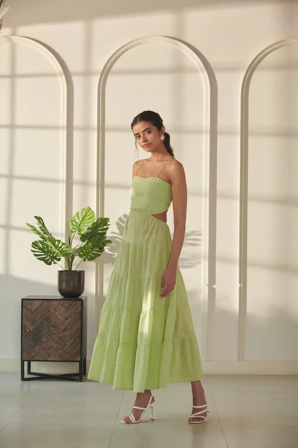 Ekvaa_Lime_Green_Cotton_Premium_&_Elegant_Solid_Tired_Dress_For_Women