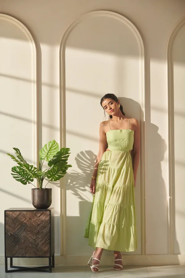 Ekvaa_Lime_Green_Cotton_Premium_&_Elegant_Solid_Tired_Dress_For_Women